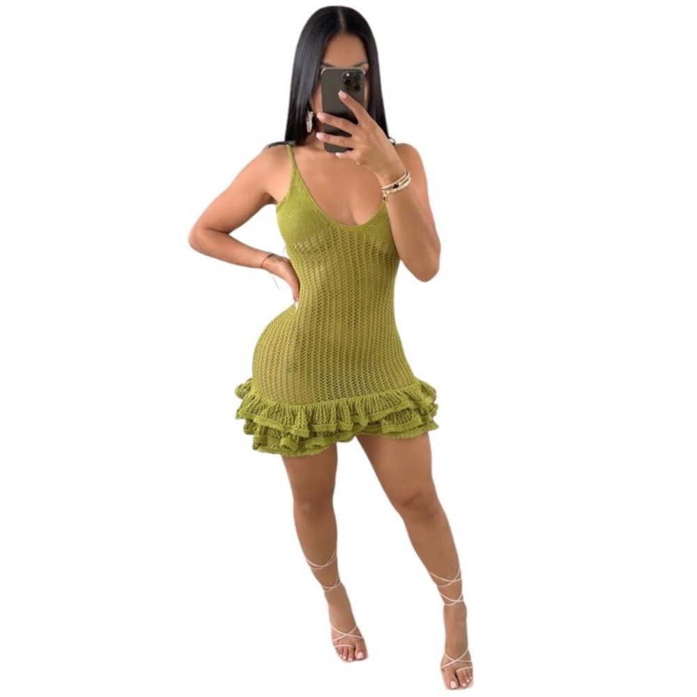 MUSERA Khaki Crochet Knit‎ Frill Hen Mini Sz S Trendy Beach Club Dress